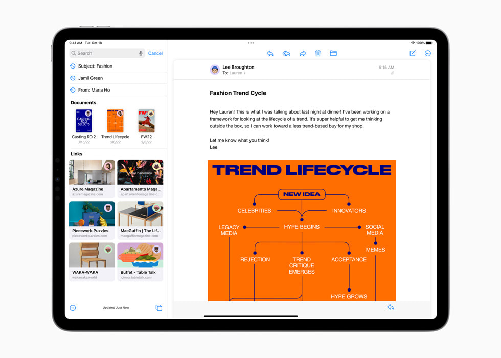 Yeni 12.9?in? iPad?Pro’da iPadOS?16’daki Mail uygulamas?n?n geli?tirilmi? arama i?levi g?steriliyor.