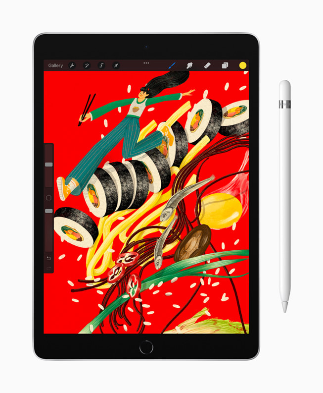 Ekran?nda bir ?izim olan yeni iPad ve Apple Pencil.  