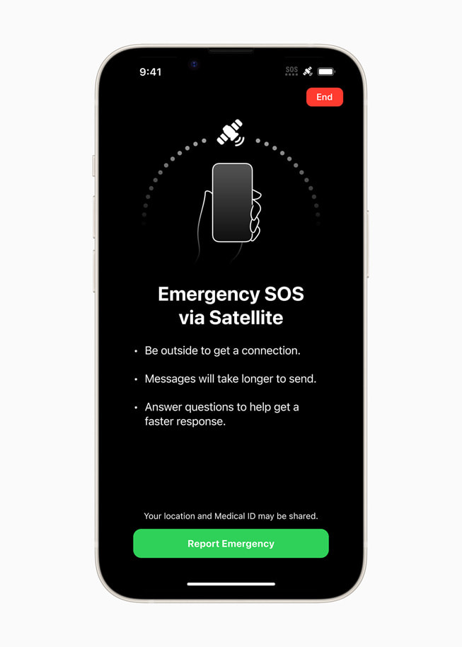 iPhone’da g?sterilen “Uydu üzerinden Acil SOS” ekran? kullan?c?ya ba?lant? kurmak i?in d??ar?da olmas? gerekti?ini bildiriyor, mesajlar?n g?nderilmesinin daha uzun sürece?ine dair uyar?da bulunuyor ve daha h?zl? yard?m alabilmek i?in kullan?c?dan sorular? yan?tlamas?n? istiyor.