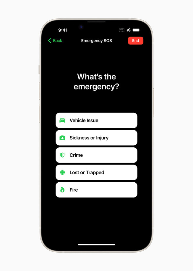 iPhone’daki Acil SOS ekran? kullan?c?ya “Acil durum nedir?” sorusunu soruyor ve kullan?c?n?n “ara? sorunu”, “hastal?k veya yaralanma”, “su?”, “kayboldum veya kapal? kald?m” ya da “yang?n” gibi se?enekler aras?ndan se?im yapmas?na olanak tan?yor.