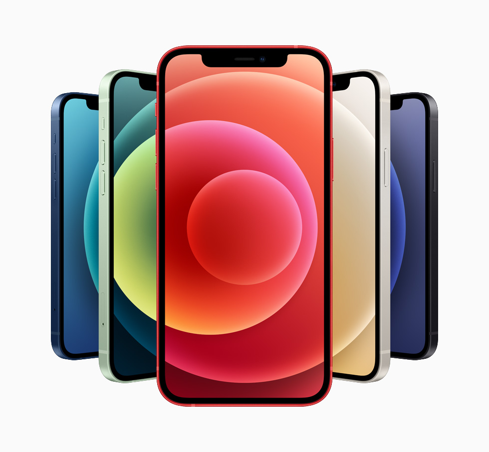 Mavi, k?rm?z?, ye?il ve siyah alüminyum renkleriyle iPhone 12.