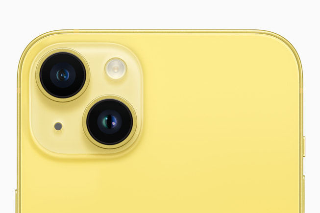H? th?ng camera kép hi?n th? trên m?t l?ng c?a iPhone phiên b?n màu vàng.