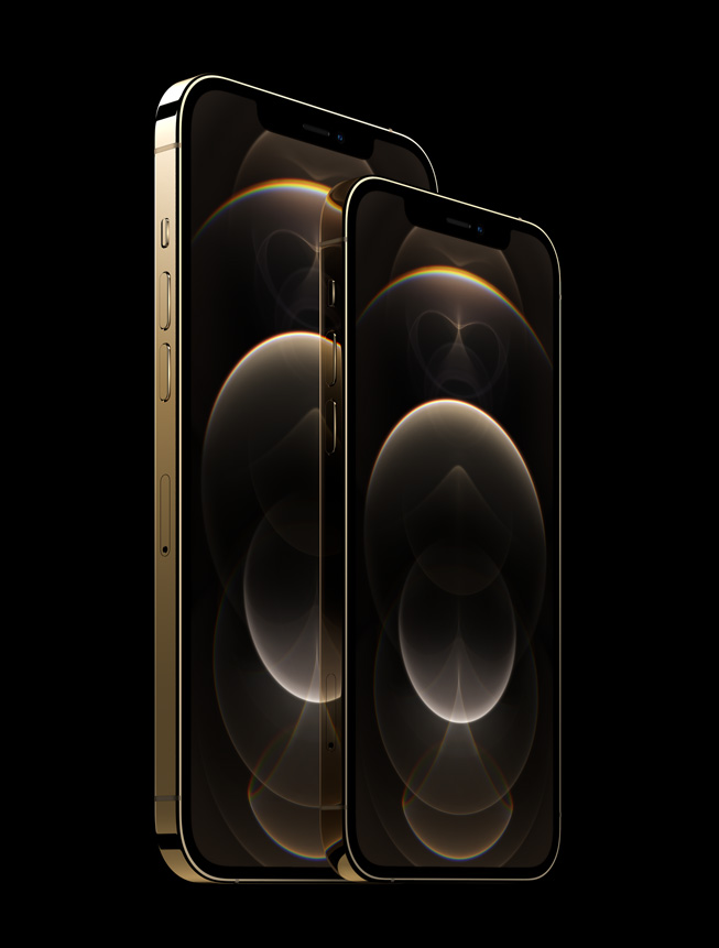 Alt?n rengi paslanmaz ?elik iPhone 12 Pro ve iPhone 12 Pro Max modeli.