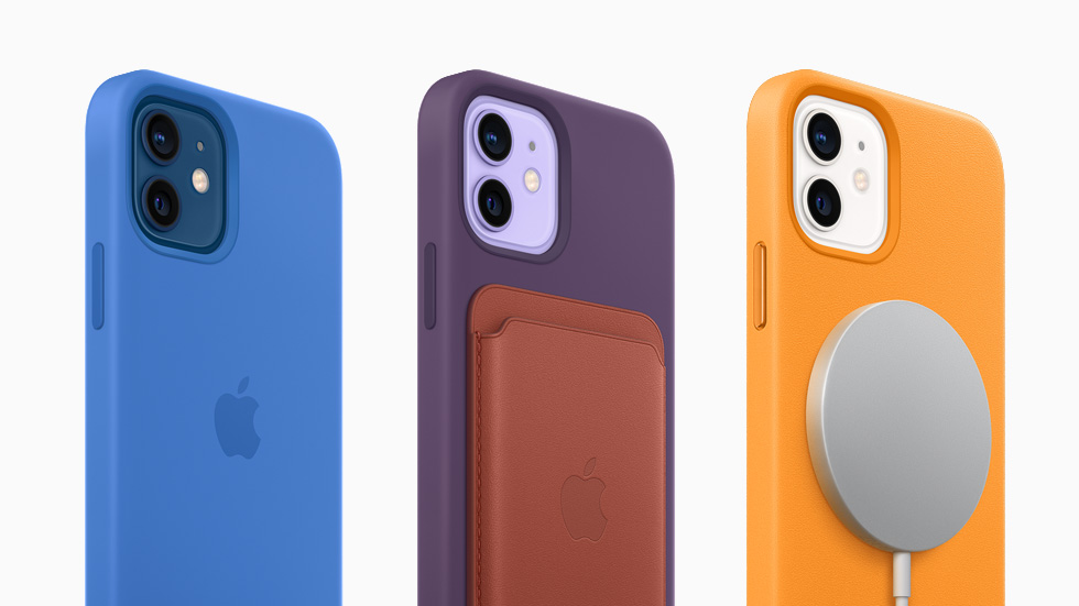 iPhone 12’de MagSafe ?zellikli Silikon K?l?f, MagSafe ?zellikli Deri Cüzdan ve MagSafe Duo ?arj Ayg?t?.