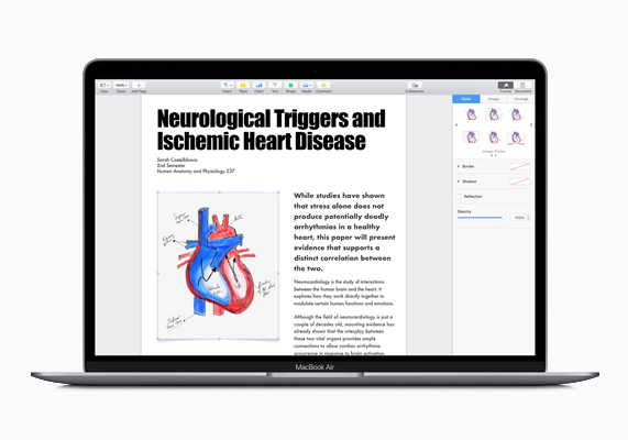 MacBook Air’de, Pages uygulamas?nda e?itim belgeleri.