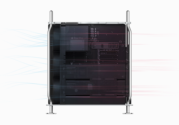Mac Pro’nun son teknoloji termal mimarisi hava ak???n? g?steriyor.