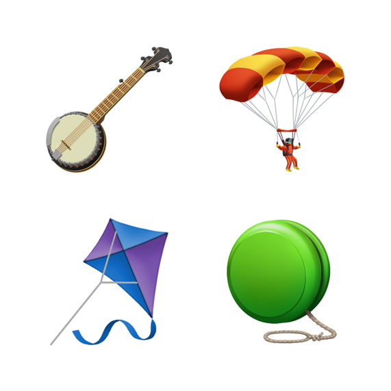 Banjo, para?üt, u?urtma ve yo-yo emoji’leri.