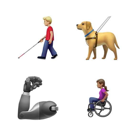 Bastonlu adam, k?lavuz k?pek, protez kol ve tekerlekli sandalyede kad?n emoji’leri.