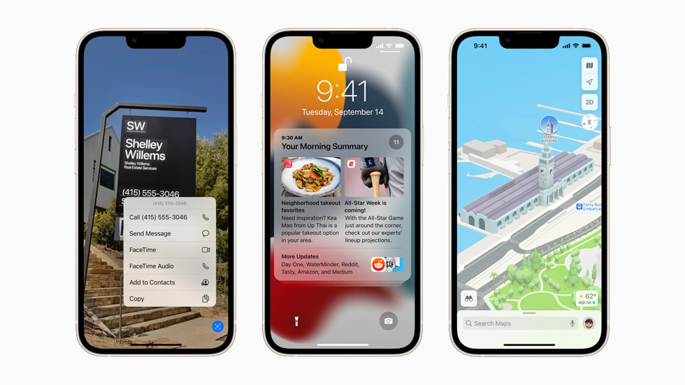 Y?ld?z ????? renginde ü? iPhone 13 ayg?t?nda iOS 15’teki Canl? Metin ?zelli?i, yeniden tasarlanan bildirimler ve Harita’da yap?lan güncellemeler g?steriliyor.