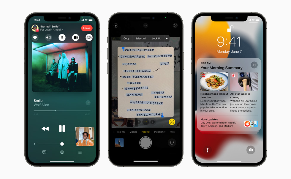 ü? iPhone 12 Pro ayg?t?nda yeni SharePlay, Live Text ve bildirim ?zeti ?zelliklerini g?steriliyor.