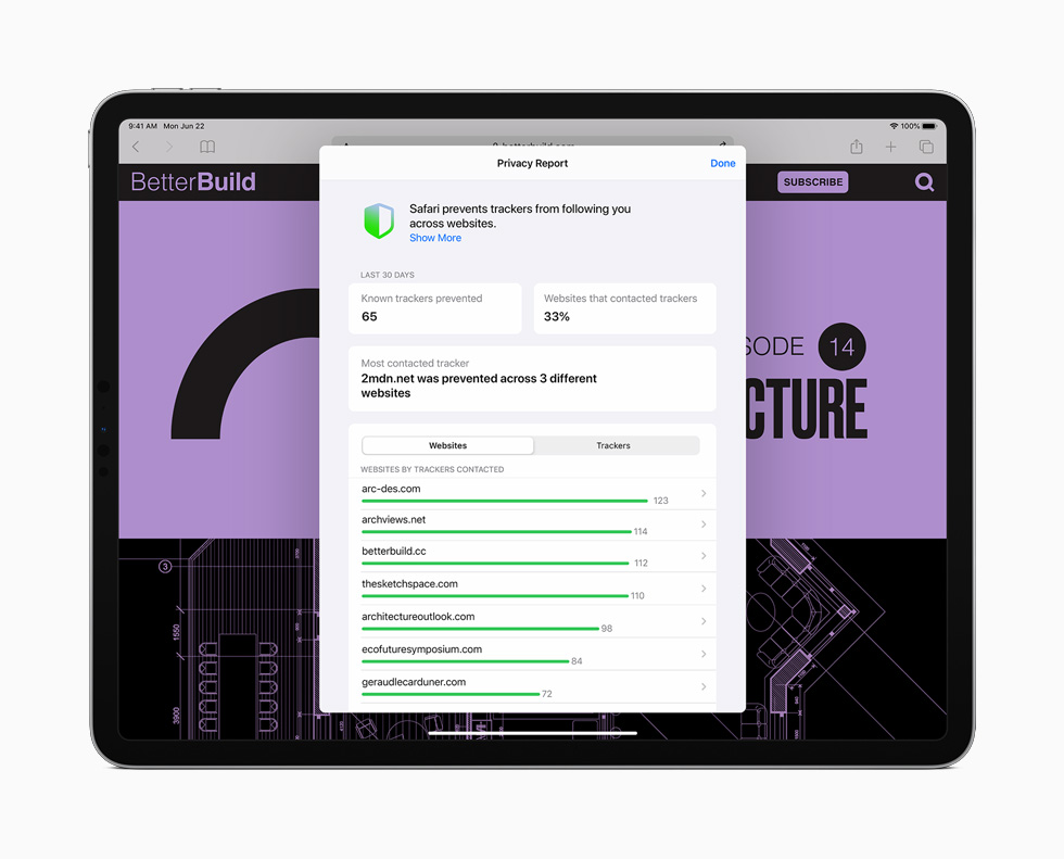 iPad Pro’daki Safari’de yeni Gizlilik Raporu ?zelli?i g?steriliyor.