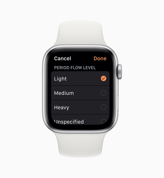 Apple Watch’ta Cycle Tracking uygulamas?nda regl menüsü g?steriliyor.