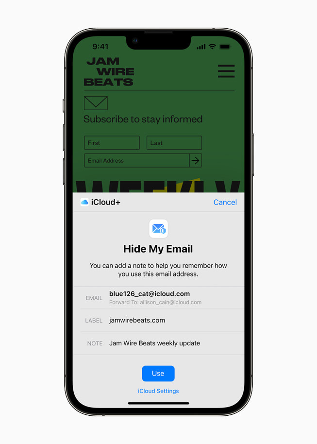 iCloud+ Hide My Email feature displayed on iPhone 13 Pro.