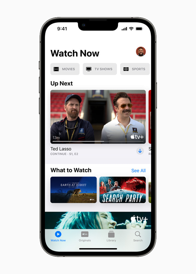The Watch Now screen on Apple TV+ displayed on iPhone 13 Pro. 