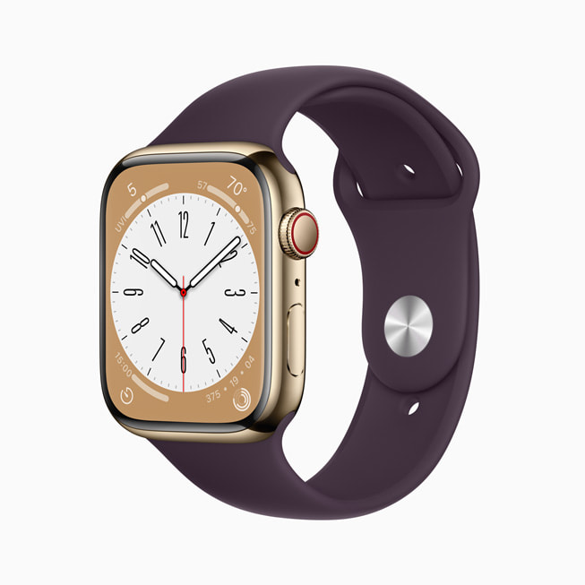 Alt?n rengi paslanmaz ?elik kasaya sahip yeni Apple Watch Series 8.