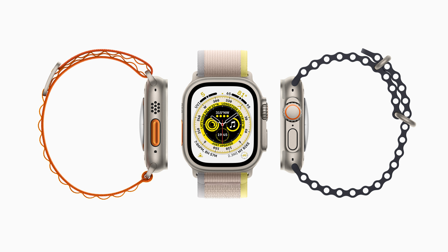 Her biri farkl? kay??a sahip ü? Apple?Watch?Ultra’n?n yandan ve üstten g?rünümü.