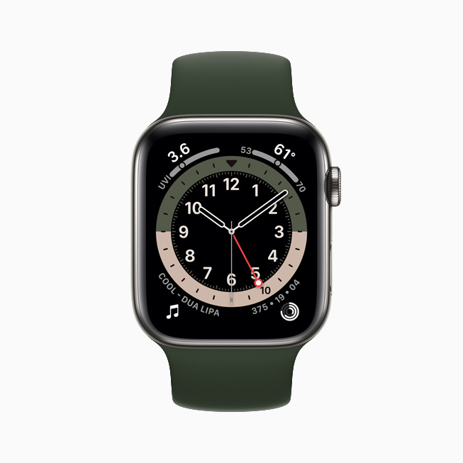 Apple Watch Series 6 上顯示的 GMT 錶面。
