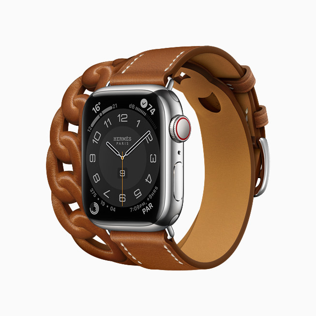 Apple Watch Hermès Gourmette Double Tour, Fauve Barénia deriyle birlikte g?steriliyor.