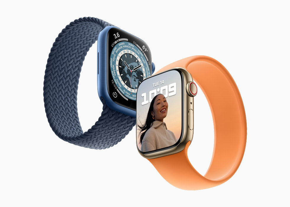 Apple Watch Series 7 iki farkl? renkte kay??la g?steriliyor.