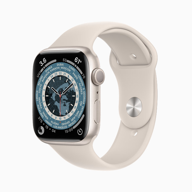 Apple Watch Series 7’de Dünya Saati kadran? g?steriliyor.