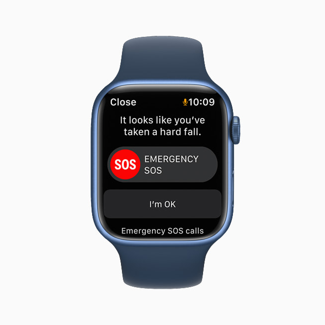 Apple?Watch?Series?7 shows a Fall?Detection alert asking the wearer if they’ve taken a hard fall and offering to make an emergency SOS call.