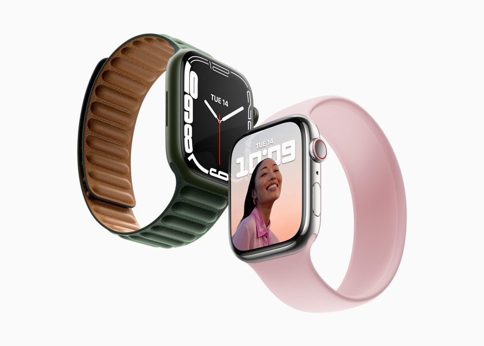 Apple?Watch?Series?7 shown with two different watch bands.