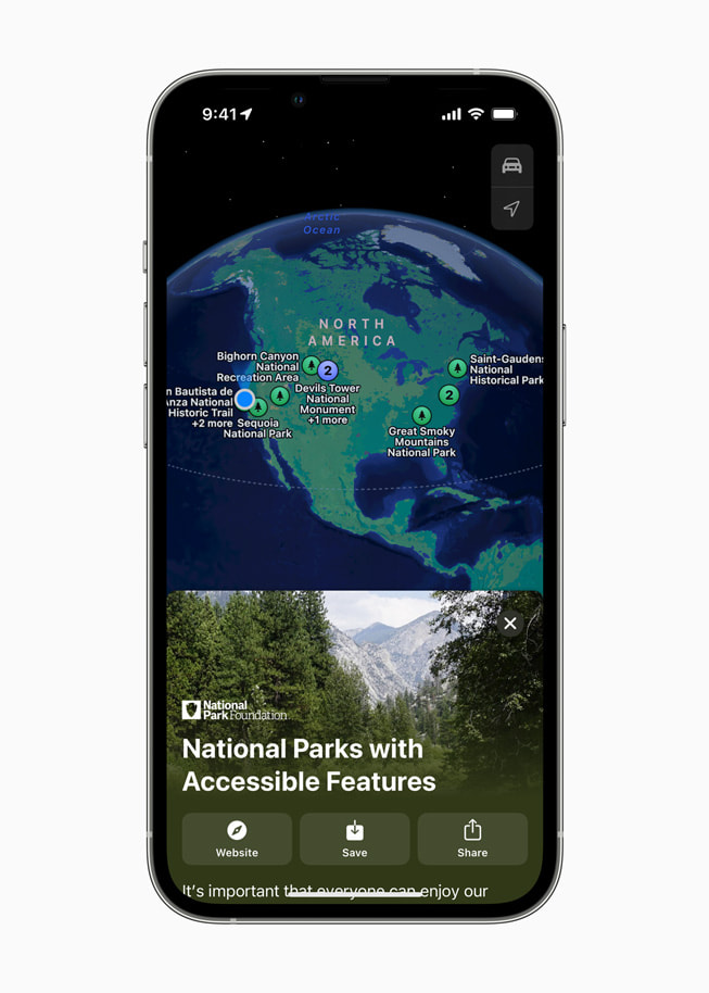 iPhone ekran?nda ?imdi Apple Harita uygulamas?nda sunulan, National Park Foundation’?n haz?rlad??? yepyeni “Park Access for All” rehberi g?steriliyor.