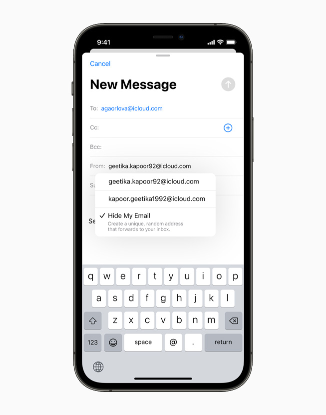 iPhone 12 Pro’daki Mail uygulamas?nda E-postam? Gizle ?zelli?i kullan?larak olu?turulan yeni bir mesaj tasla?? g?steriliyor.