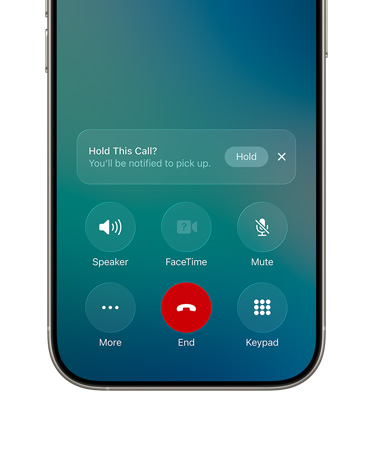 Dolna cz??? ekranu iPhone’a pokazuje aktywne po??czenie z now? funkcj? Asystent oczekiwania i powiadomieniem