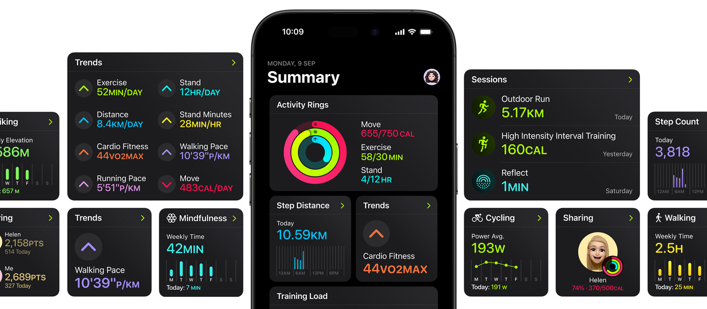 iPhone po?rodku kilku ekranów pokazuj?cych opcje dostosowywania strony Podsumowania w aplikacji Fitness.