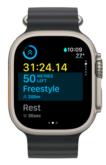 Ekran Apple?Watch Ultra wy?wietla czas bie??cego interwa?u i to, co zosta?o do wykonania w treningu spersonalizowanym