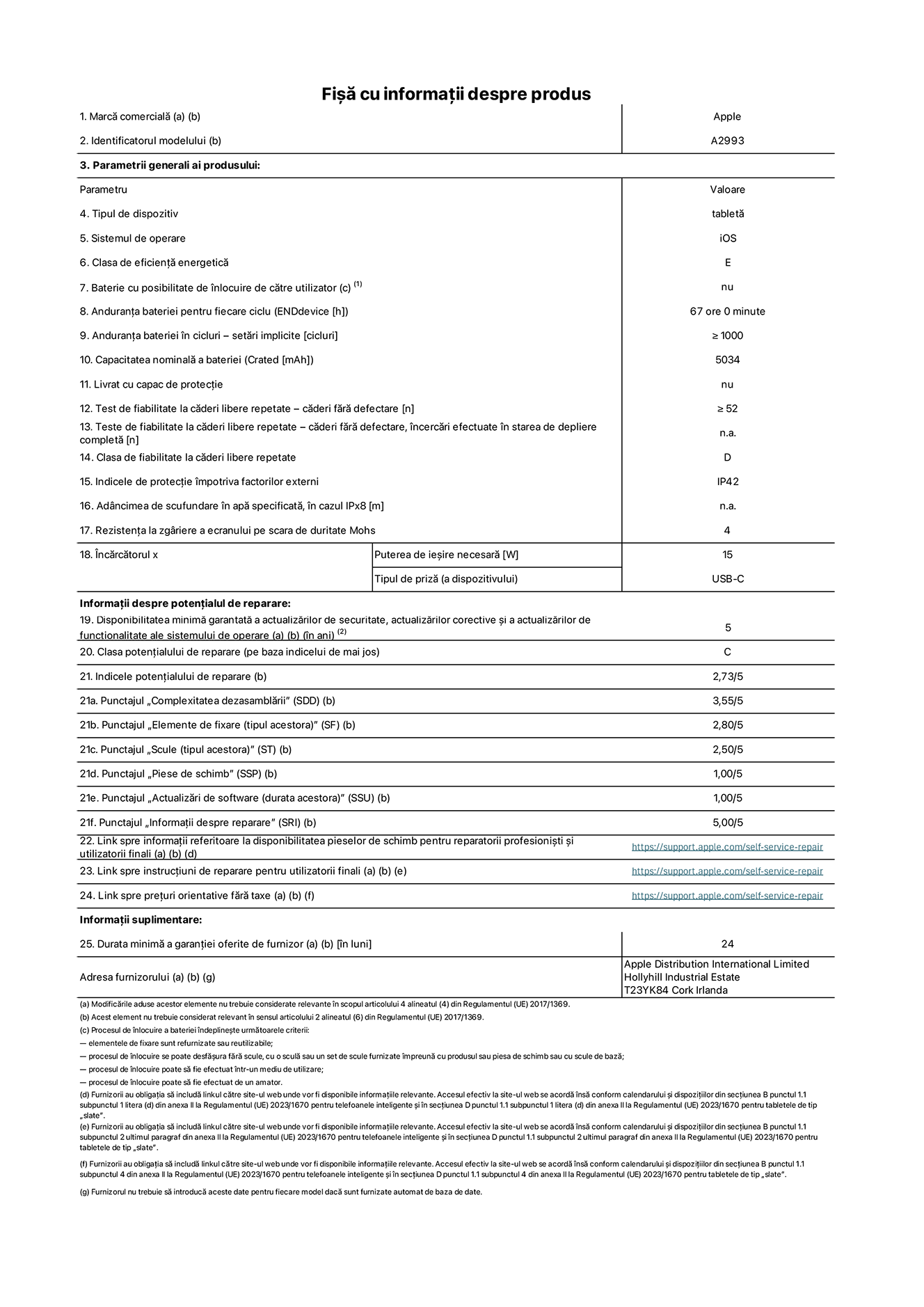 Fi?a cu informa?ii despre produs pentru iPad mini Wi-Fi, modelul A2993. Furnizat? de Apple Distribution International Ltd, Hollyhill Industrial Estate. Cork, Irlanda T23 YK84. Tipul de dispozitiv: tablet?. Sistemul de operare: iOS. Clasa de eficien?? energetic?: E. Baterie cu posibilitate de ?nlocuire de c?tre utilizator: nu. Anduran?a bateriei: 67 de ore. Anduran?a bateriei ?n cicluri: mai mare sau egal? cu 1000. Capacitatea nominal? a bateriei: 5034 mAh. Test de fiabilitate la c?deri libere repetate – c?deri f?r? defectare: mai mare sau egal cu 52. Clasa de fiabilitate la c?deri libere repetate: D. Indicele de protec?ie ?mpotriva factorilor externi: IP42. Rezisten?a la zgariere a ecranului pe scara de duritate Mohs: 4. Puterea de ie?ire necesar? pentru ?nc?rc?tor: 15 W. Tipul de priz? pentru ?nc?rc?tor: USB-C. Disponibilitatea minim? garantat? a actualiz?rilor de securitate, a actualiz?rilor corective ?i a actualiz?rilor de func?ionalitate ale sistemului de operare: 5 ani. Clasa poten?ialului de reparare: C. Indicele poten?ialului de reparare: 2,73/5. Punctajul ?Complexitatea dezasambl?rii”: 3,55/5. Punctajul ?Elemente de fixare”: 2,80/5. Punctajul ?Scule”: 2,50/5. Punctajul ?Piese de schimb”: 1,00/5. Punctajul ?Actualiz?ri de software”: 1,00/5. Punctajul ?Informa?ii despre reparare”: 5,00/5. Link spre informa?ii referitoare la disponibilitatea pieselor de schimb pentru reparatorii profesioni?ti ?i utilizatorii finali: https://support.apple.com/self-service-repair. Link spre instruc?iuni de reparare pentru utilizatorii finali: https://support.apple.com/self-service-repair. Link spre pre?uri orientative f?r? taxe: https://support.apple.com/self-service-repair. Garan?ie general? oferit?: 24 de luni.