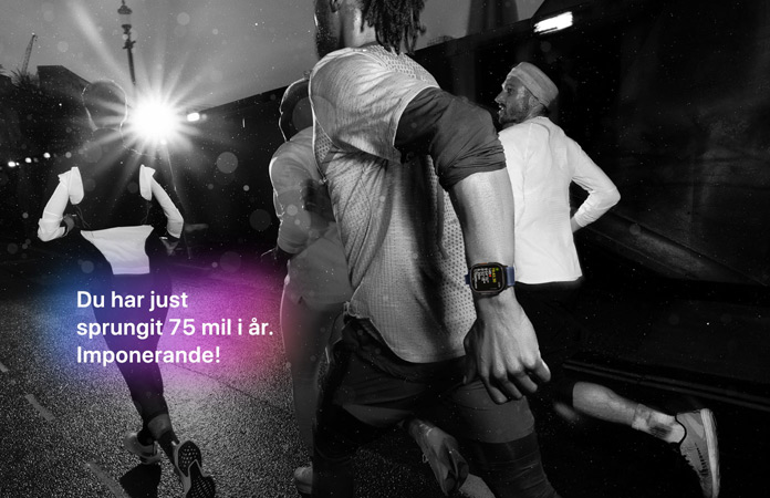 Svartvit bild p? personer som joggar. I texten p? bilden st?r det: Du har just sprungit 75 mil i ?r. Imponerande!