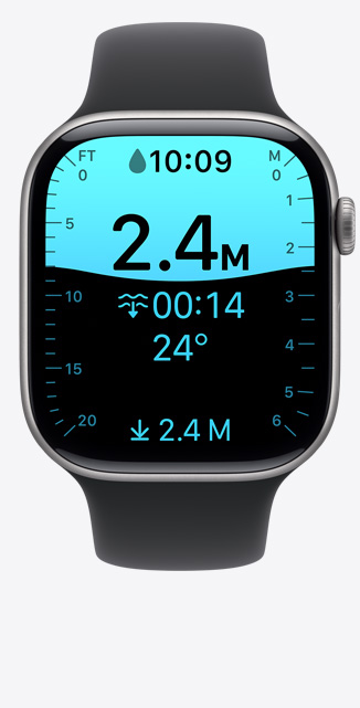 Apple Watch Series 11, aluminum case, space gray color, Depth app screen, dive at 8 feet