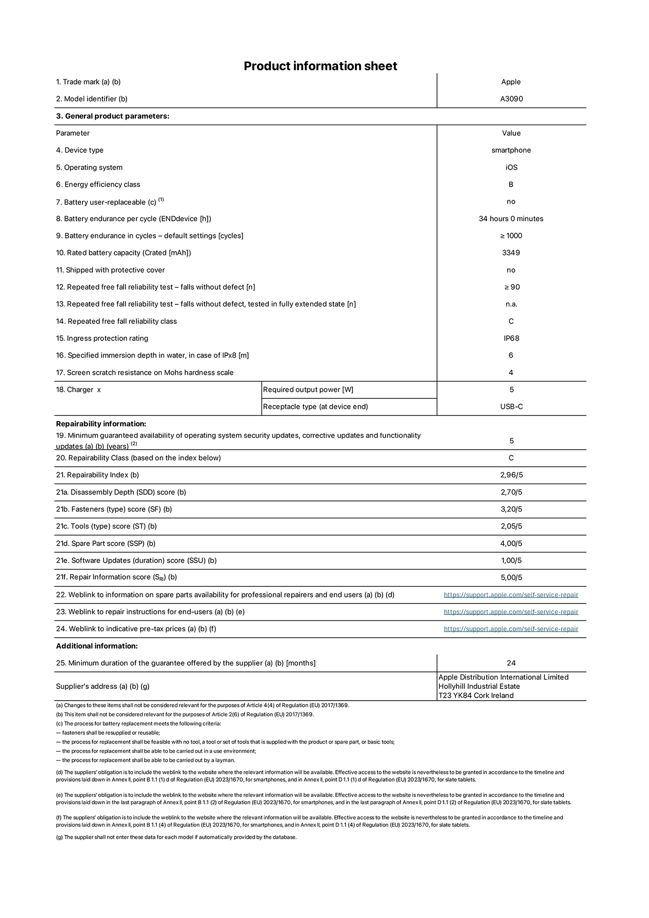 Product information sheet for iPhone 15, model A3090. Supplied by Apple Distribution International Limited, Hollyhill Industrial Estate. Cork, Ireland T23 YK84. Device type: smartphone. Operating system: iOS. Energy efficiency class: B. Battery user-replaceable: no. Battery endurance per cycle: 34 hours. Battery endurance in cycles - default settings: ≥ 1000. Rated battery capacity: 3349mAh. Shipped with protective cover: no. Repeated free fall reliability test - falls without defect: ≥ 90. Repeated free fall reliability test - falls without defect tested in fully extended state: not applicable. Repeated free fall in reliability class: C. Ingress protection rating: IP68. Specified immersion depth of mater, in case of iPx8: 6. Screen scratch resistance on Mohs hardness scale: 4. Charger required output power: 5W. Charger receptacle type (at device end): USB-C. Minimum guaranteed availability of operating system security updates, corrective updates and functionality updates: 5 years. Repairability class: C. Repairability index: 2,96/5. Disassembly Depth (SDD) score: 2,70/5. Fasteners score: 3,20/5. Tools score: 2,05/5. Spare part score: 4,00/5. Software updates score: 1,00/5. Repair information score: 5,00/5. Weblink to information on spare parts availability for professional repairers and end users: https://support.apple.com/self-service-repair. Weblink to repair instructions for end-users: https://support.apple.com/self-service-repair. Weblink to indicative pre-tax prices: https://support.apple.com/self-service-repair. 24-month general guarantee offered.