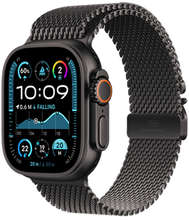 Apple Watch Ultra 2 s ?iernym titánovym krytom a ?iernou titánovou milánskou slu?kou.