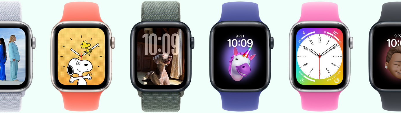 Memoji, Foto?raflar, Portre ve Snoopy dahil olmak üzere ?e?itli saat kadran? se?eneklerinin g?sterildi?i alt? adet Apple?Watch ayg?t?
