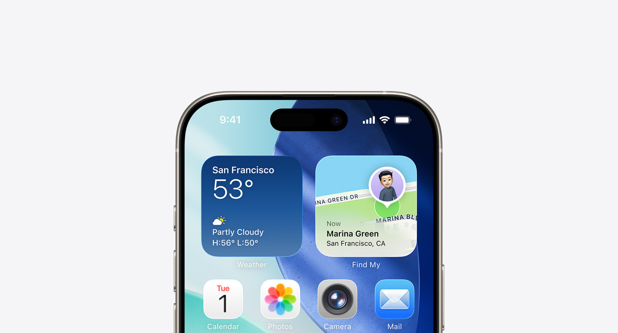 iPhone, üst k?sm?nda Hava Durumu ve Bul ara? tak?mlar?n?n yer ald??? Ana Ekran g?rünüyor