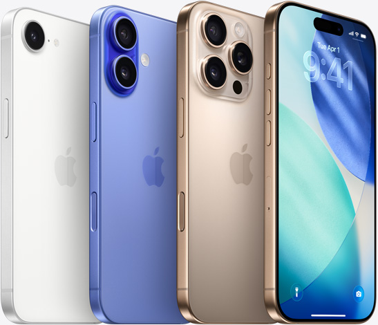 üst üste yerle?tirilmi? ?ekilde s?ralanan Beyaz iPhone 16e, Lacivertta? iPhone 16 ve ??l Titanyum iPhone 16 Pro’nun kamera k?sm?, ayr?ca ??l Titanyum iPhone 16 Pro’nun Kilit Ekran? g?rünüyor