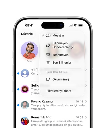 iPhone, ekran?n üstteki ü?te ikilik k?sm?nda bilinmeyen numaralar? Bilinmeyen G?nderenler adl? bir b?lüme ay?ran yeni tarama ?zelli?iyle Mesajlar uygulamas? g?rünüyor