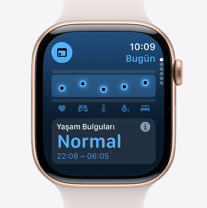Apple Watch Series 11, alüminyum kasa, roze alt?n rengi, Ya?am Bulgular? uygulamas?, sa?l?k skoru grafi?i, gece boyu ?l?ülen ya?am bulgular? bildirimi