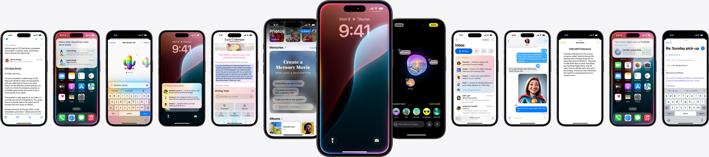 靜態(tài)影像展示多部 iPhone 上個(gè)別的 Apple Intelligence 功能