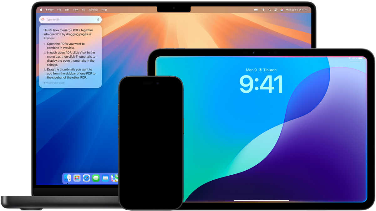 圖片展示 Mac、iPad 和 iPhone 上由 Apple Intelligence 驅(qū)動(dòng)的全新 Siri 功能。