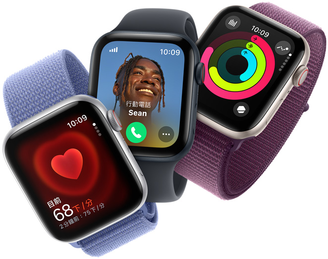 三隻 Apple Watch SE 螢幕分別顯示心率監(jiān)測功能、來電顯示與活動記錄圓圈