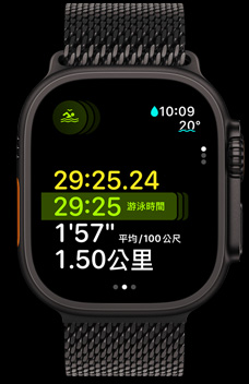 Apple Watch Ultra 2 顯示多運(yùn)動訓(xùn)練功能中的游泳持續(xù)時間、配速與距離。