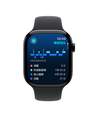 Apple Watch Series 10 搭配黑色運動型錶帶的正面圖，介面展示睡眠 app 中的睡眠階段、分析與睡眠時間