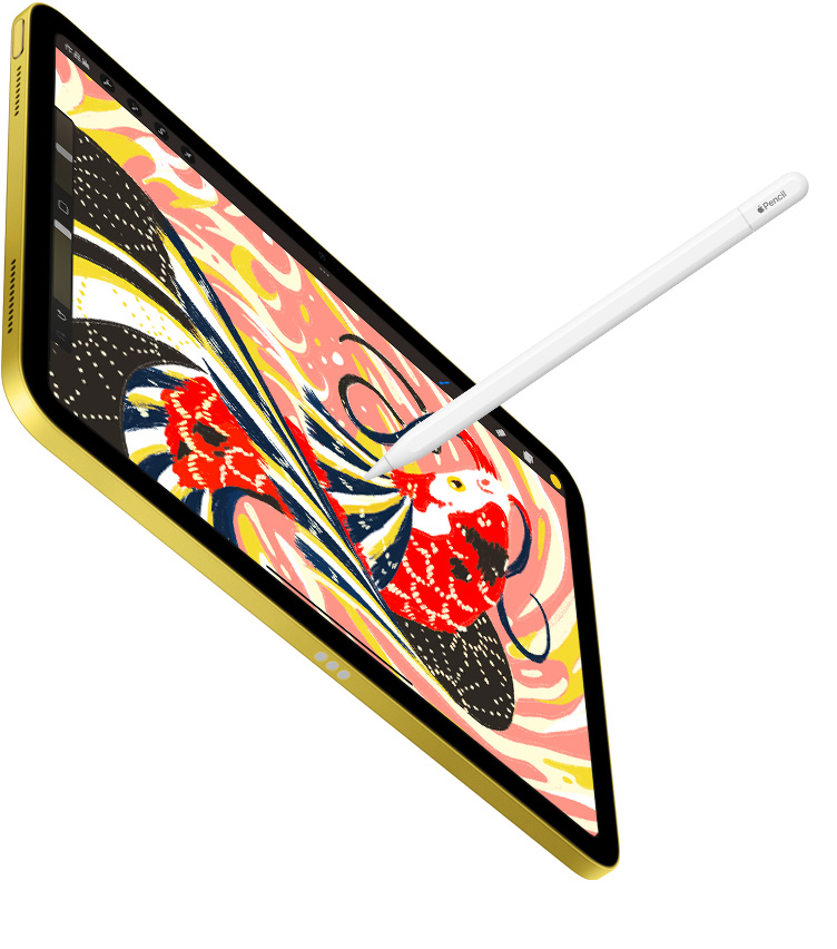 iPad 展示在 Procreate app 中一幅色彩鮮艷的魚插圖，而 Apple Pencil 正在 iPad 上畫畫 