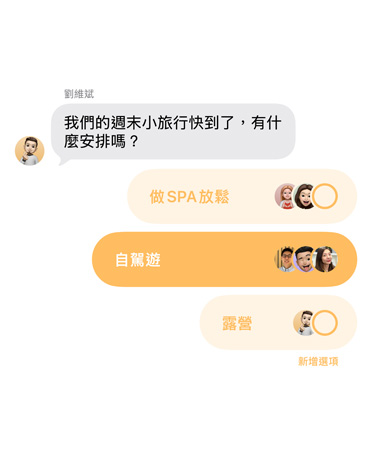 訊息 app 中全新投票功能的特寫，群組聊天中的成員正在投票決定週末的旅行地點(diǎn)