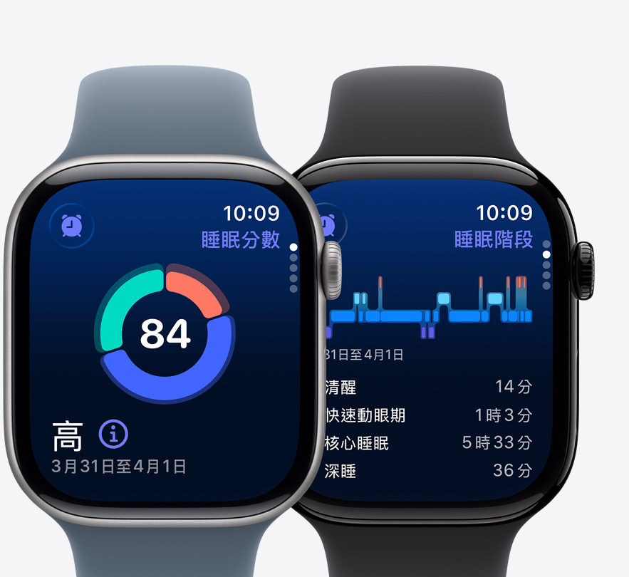 Apple Watch Series 11 裝置，螢?zāi)伙@示睡眠分?jǐn)?shù)功能，以及潛在睡眠呼吸中止癥通知