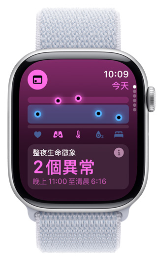 Apple Watch 螢?zāi)伙@示整夜生命徵象，有 2 項(xiàng)異常數(shù)值。